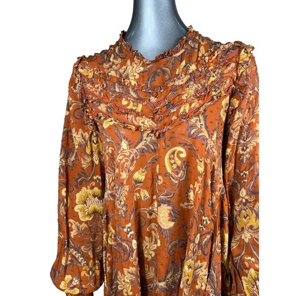 Spell & Gypsy Collective Rust Brown Blouse Top Floral Ruffle Longsleeve Medium - Picture 3 of 7